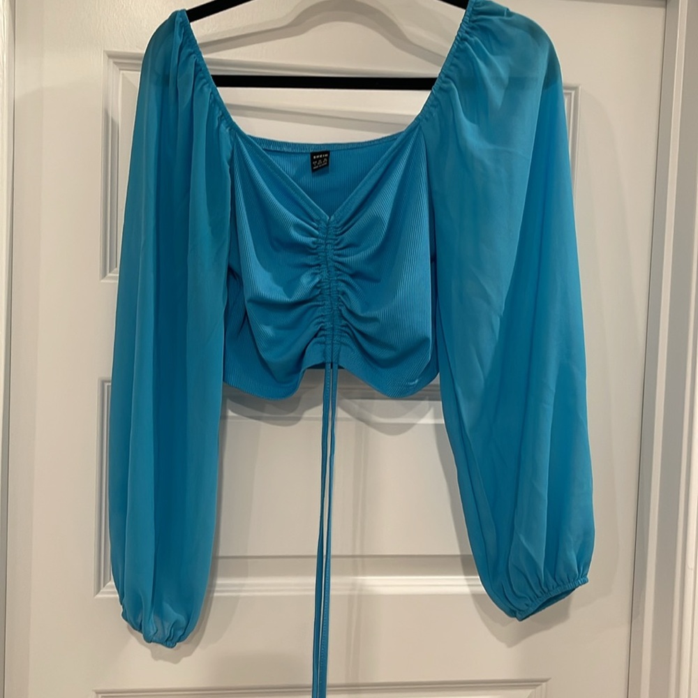 SHEIN Sheer long sleeve blue crop top with adjustable ruching and bow tie large